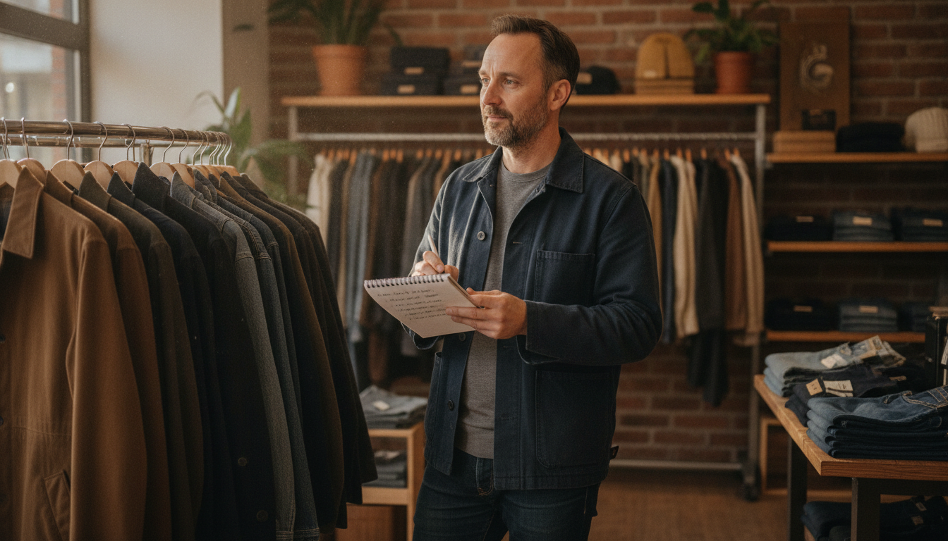 Independent clothing boutique owner writing weekly content ideas in his shop
