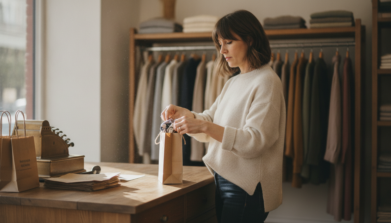 Boutique clothing store owner packing an order at her shop counter