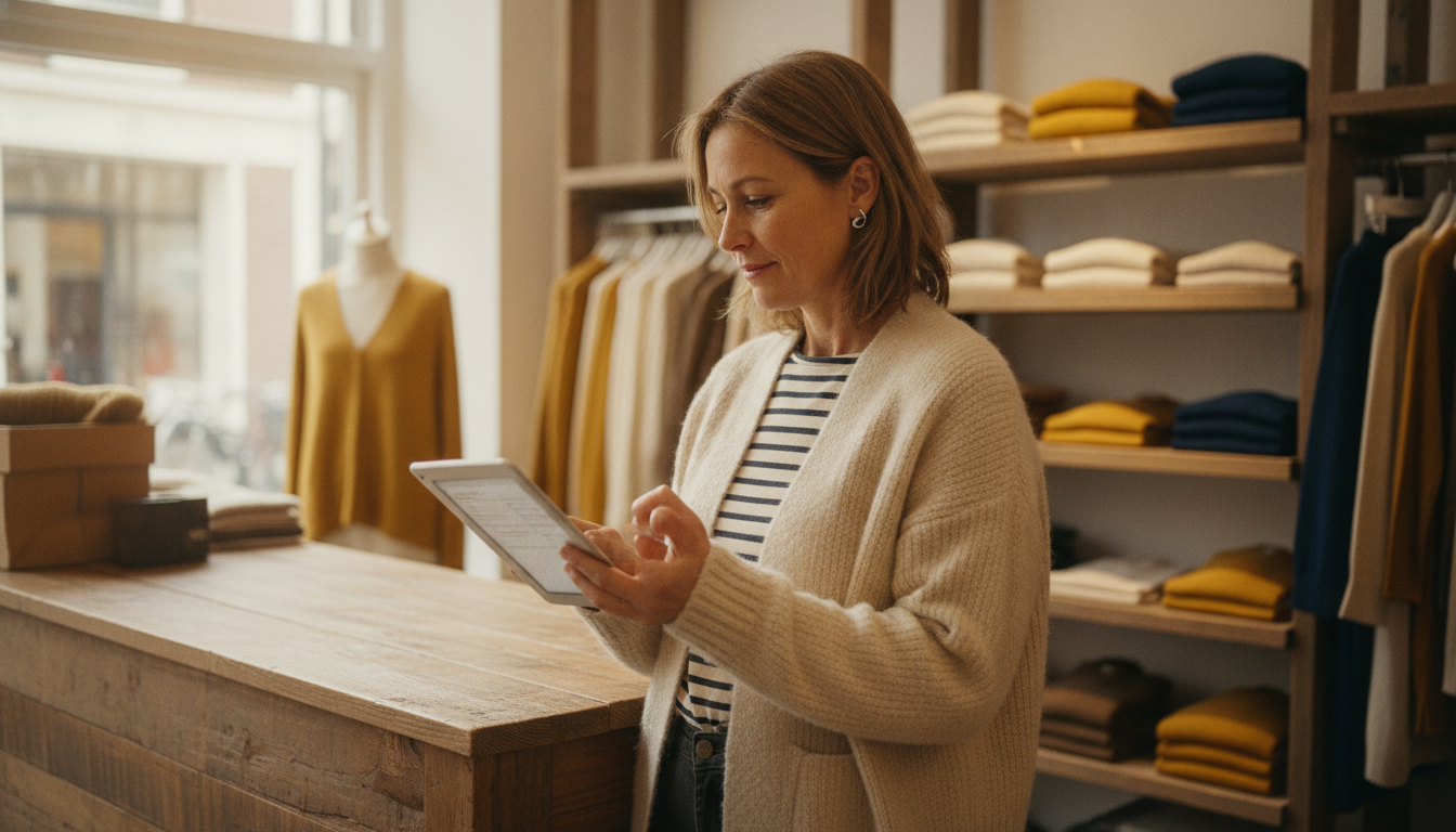 Boutique clothing store owner reviewing customer data on a tablet at her sales counter