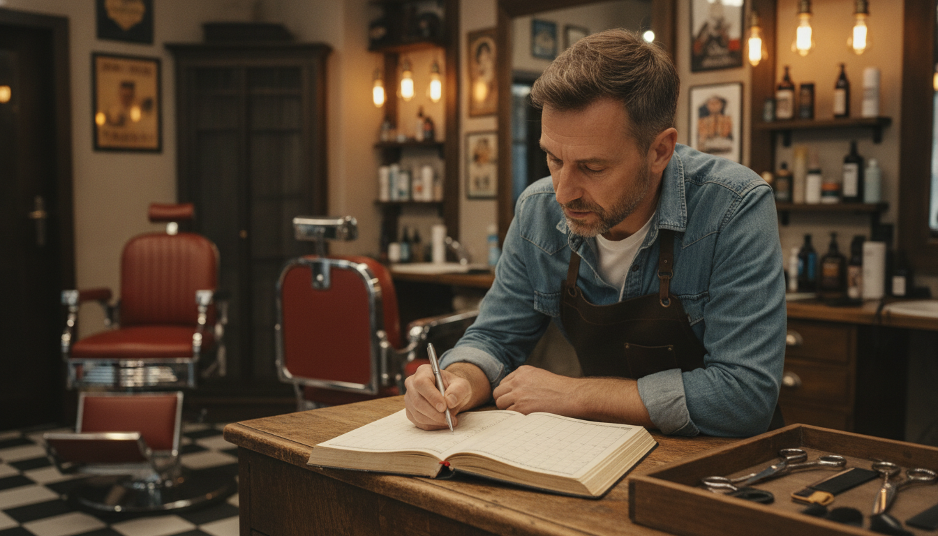 Barbershop owner planning seasonal campaign calendar at his counter