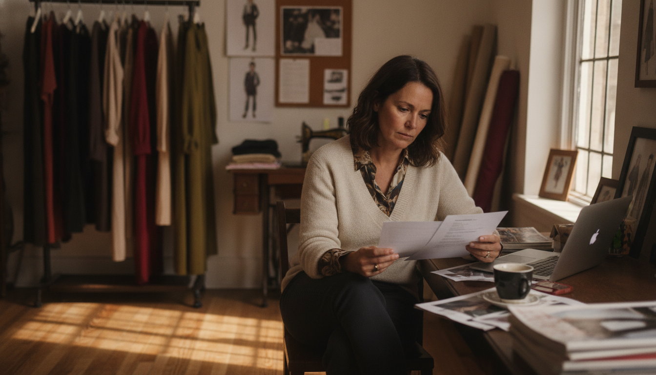 Boutique clothing shop owner planning her slow-season campaign at her back-office desk