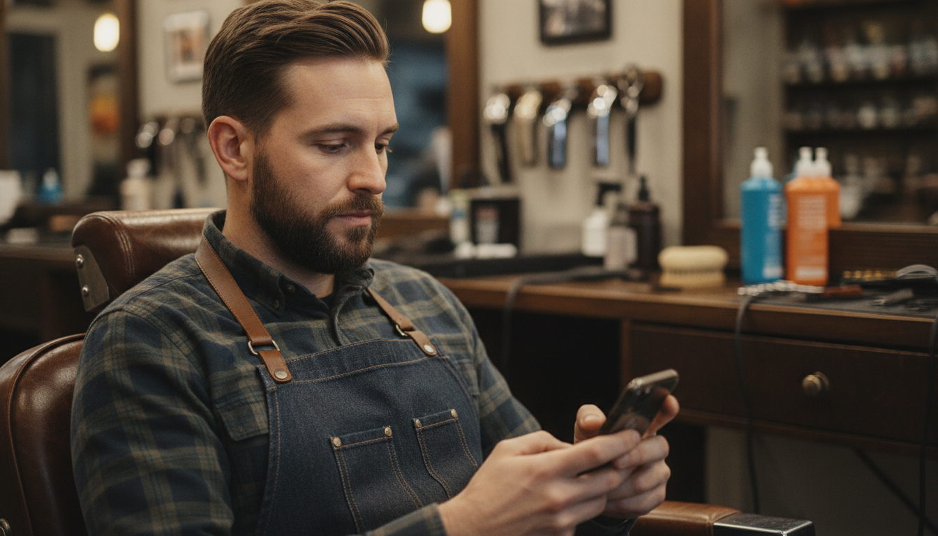 A barbershop owner scheduling social media posts during a quiet moment between clients