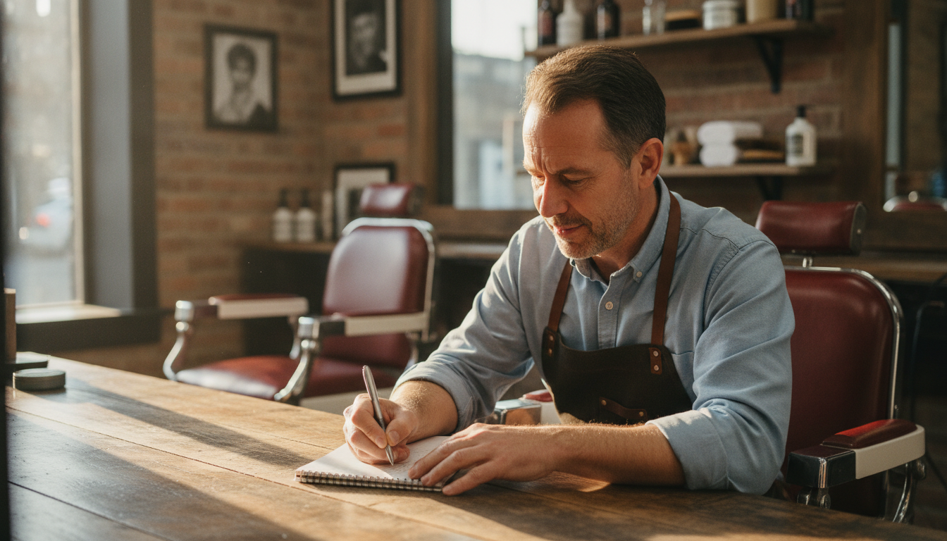 A barbershop owner reviewing his weekly schedule and booking patterns at his workbench