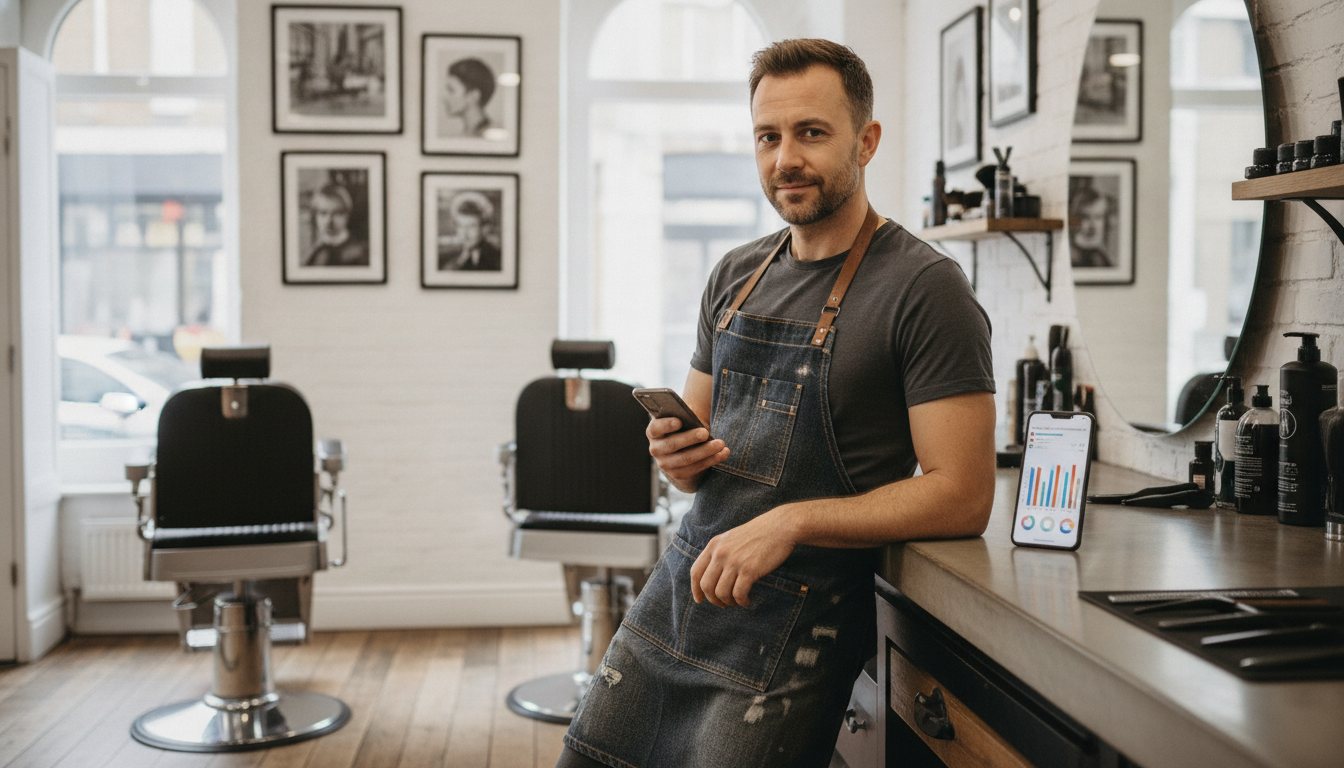 A barbershop owner reviewing customer visit data between appointments