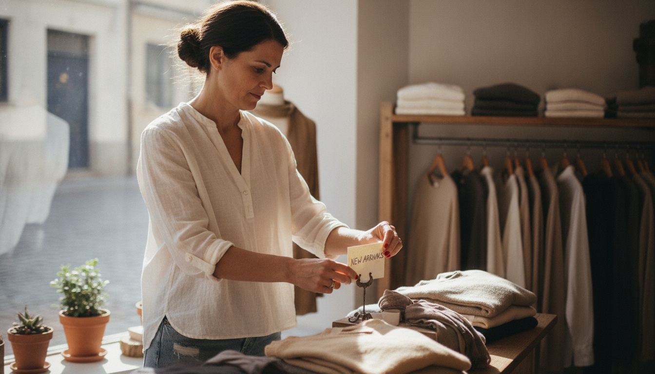 A boutique retail owner setting up a targeted weekday promotion in her shop window