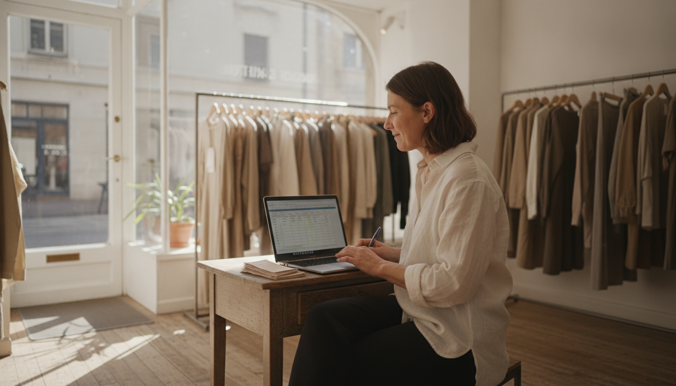 Boutique clothing store owner reviewing customer purchase data on her laptop in-store