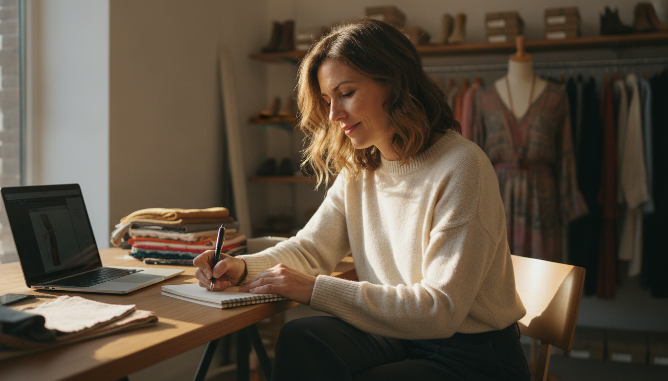 A boutique clothing shop owner planning her weekly content at her back-office desk