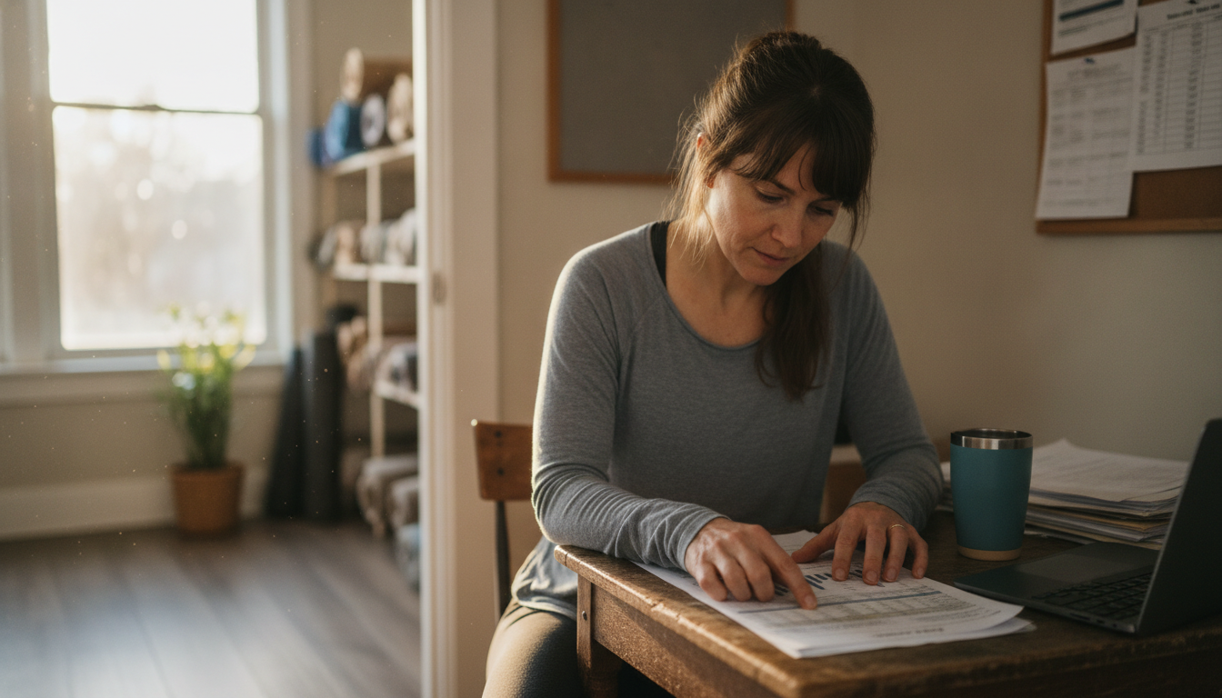 Yoga studio owner reviewing customer attendance data at her desk