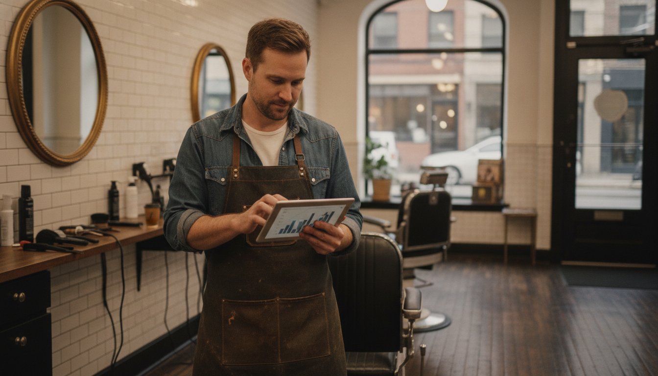 A barbershop owner reviewing his social media performance on a tablet between client appointments
