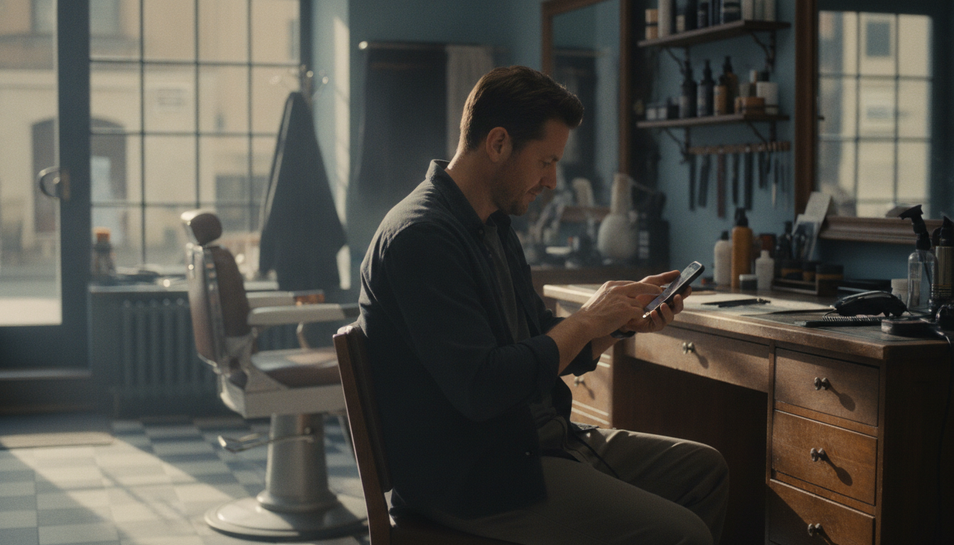 Barbershop owner reviewing customer transaction data on a point-of-sale app between appointments