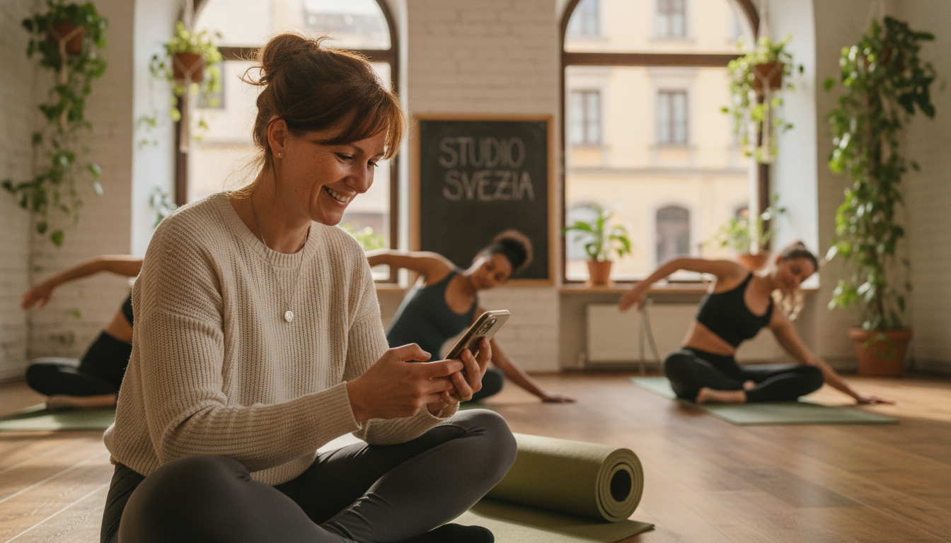 A yoga studio owner checking a customer reactivation message response on her phone