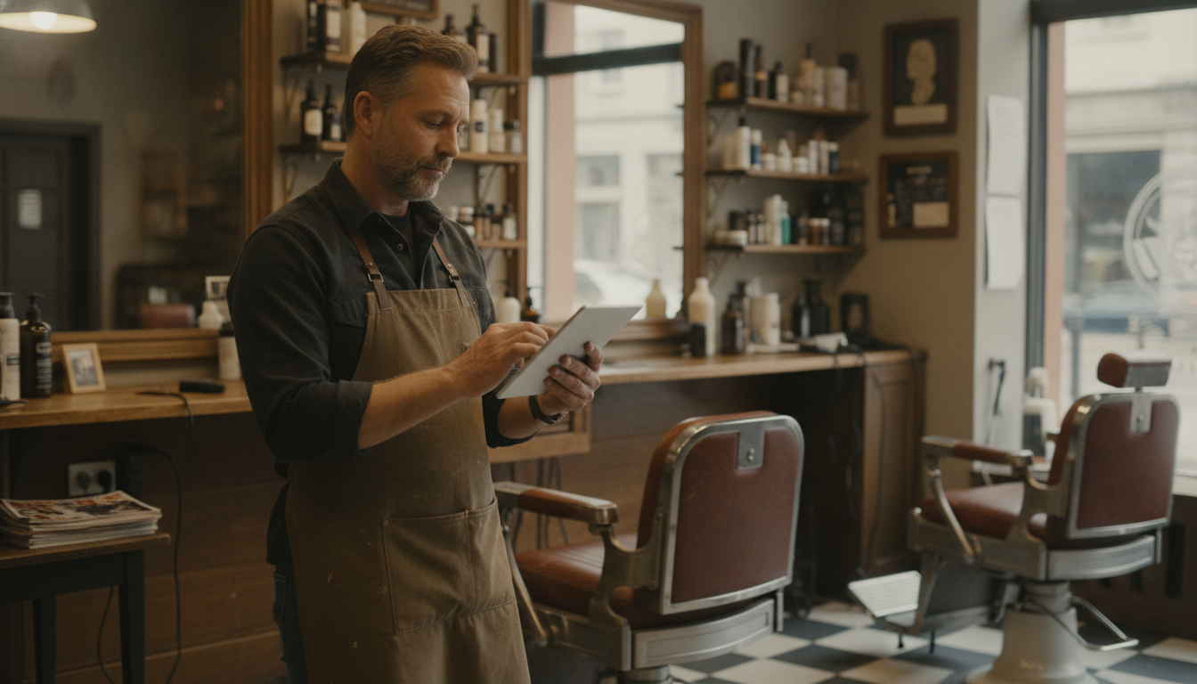 A barbershop owner reviewing his slow-period data on a tablet during a quiet midday