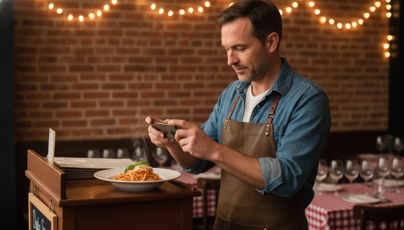 Restaurant owner photographing a dish on his smartphone to update his Google Business Profile photos