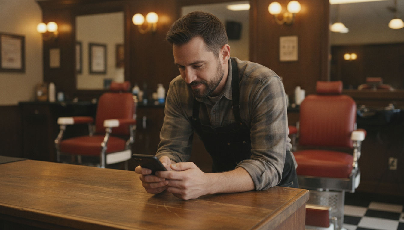A barbershop owner reviewing social media content on his phone at the front counter of his shop