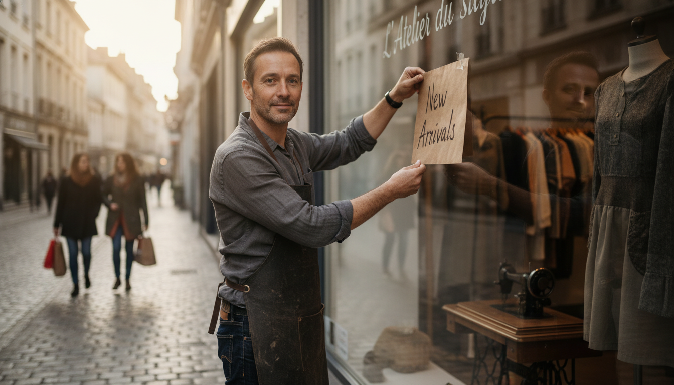 An independent clothing boutique owner displaying a new arrivals sign outside his shop on a busy European high street