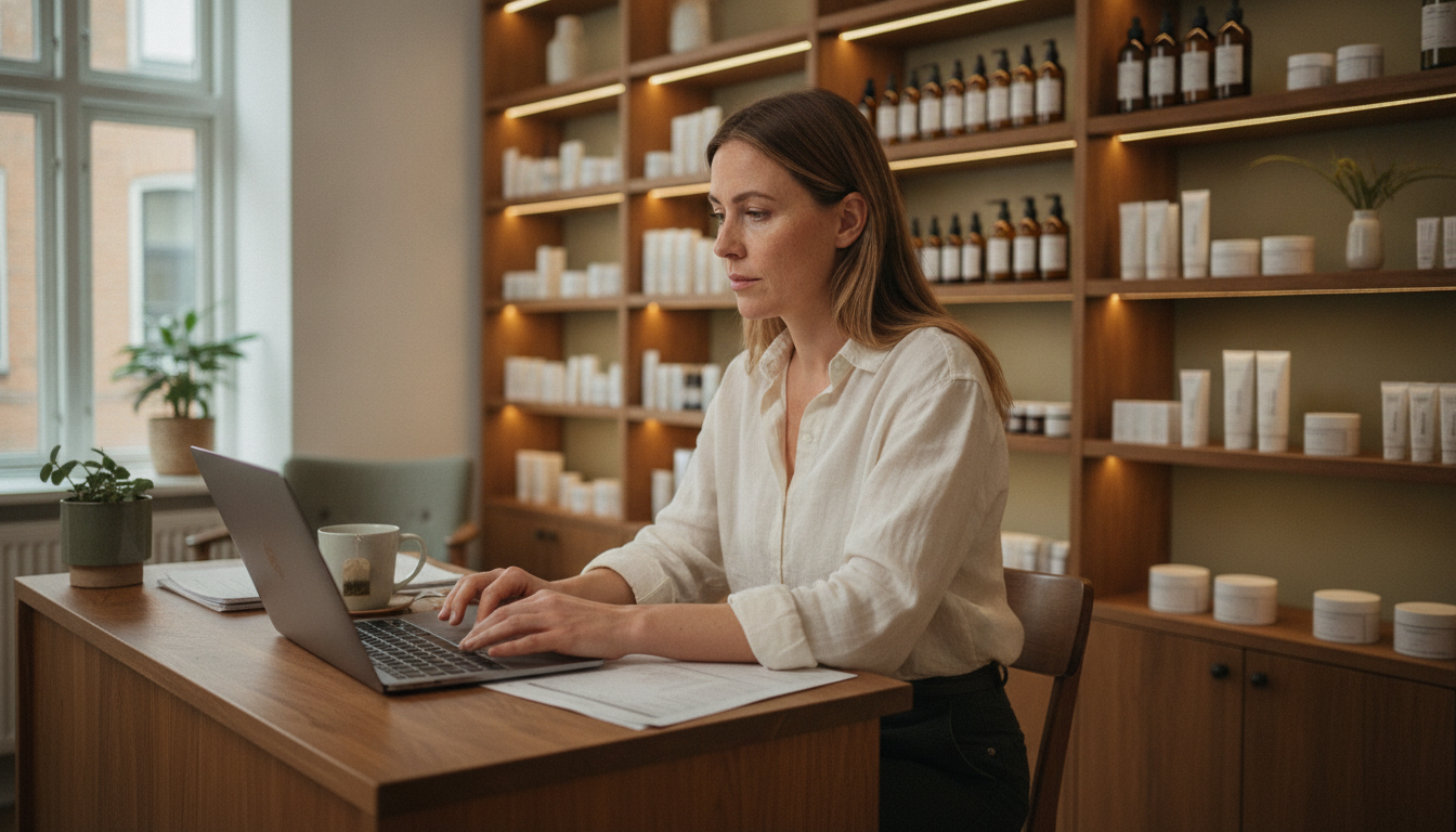 Beauty clinic owner reviewing customer return frequency data at her front desk