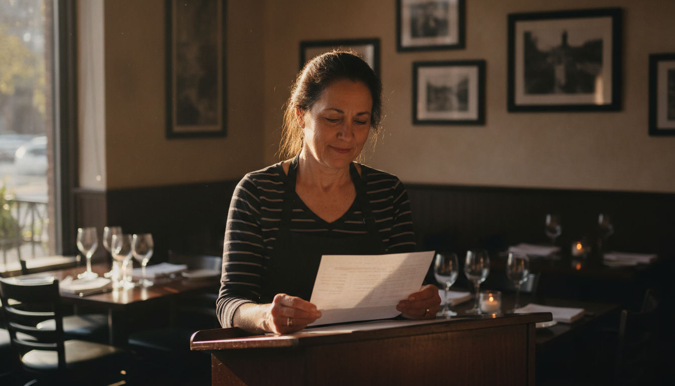 A restaurant owner reviewing reservations at the host stand of her Chicago dining room before evening service