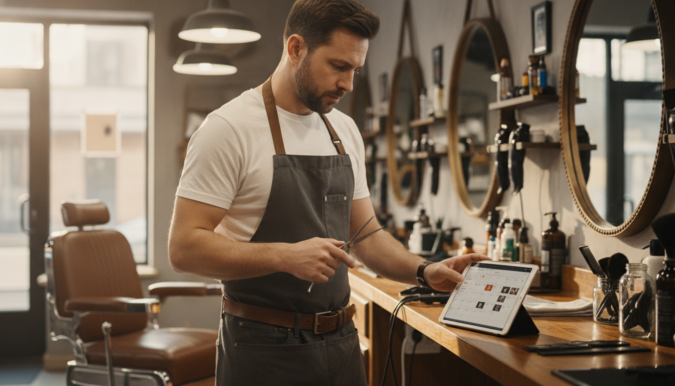 A barbershop owner reviewing scheduled social media posts on a tablet between client appointments