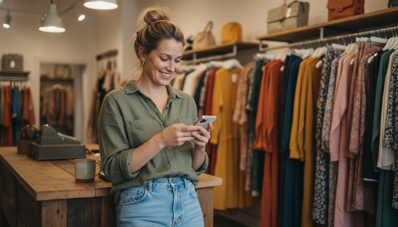 Boutique clothing store owner reading a positive customer review on her phone