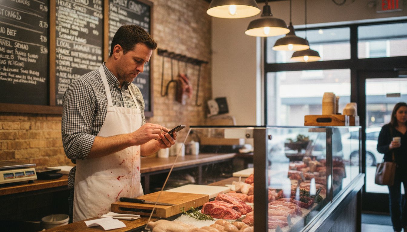 Butcher shop owner responding to a customer review on his phone behind the counter