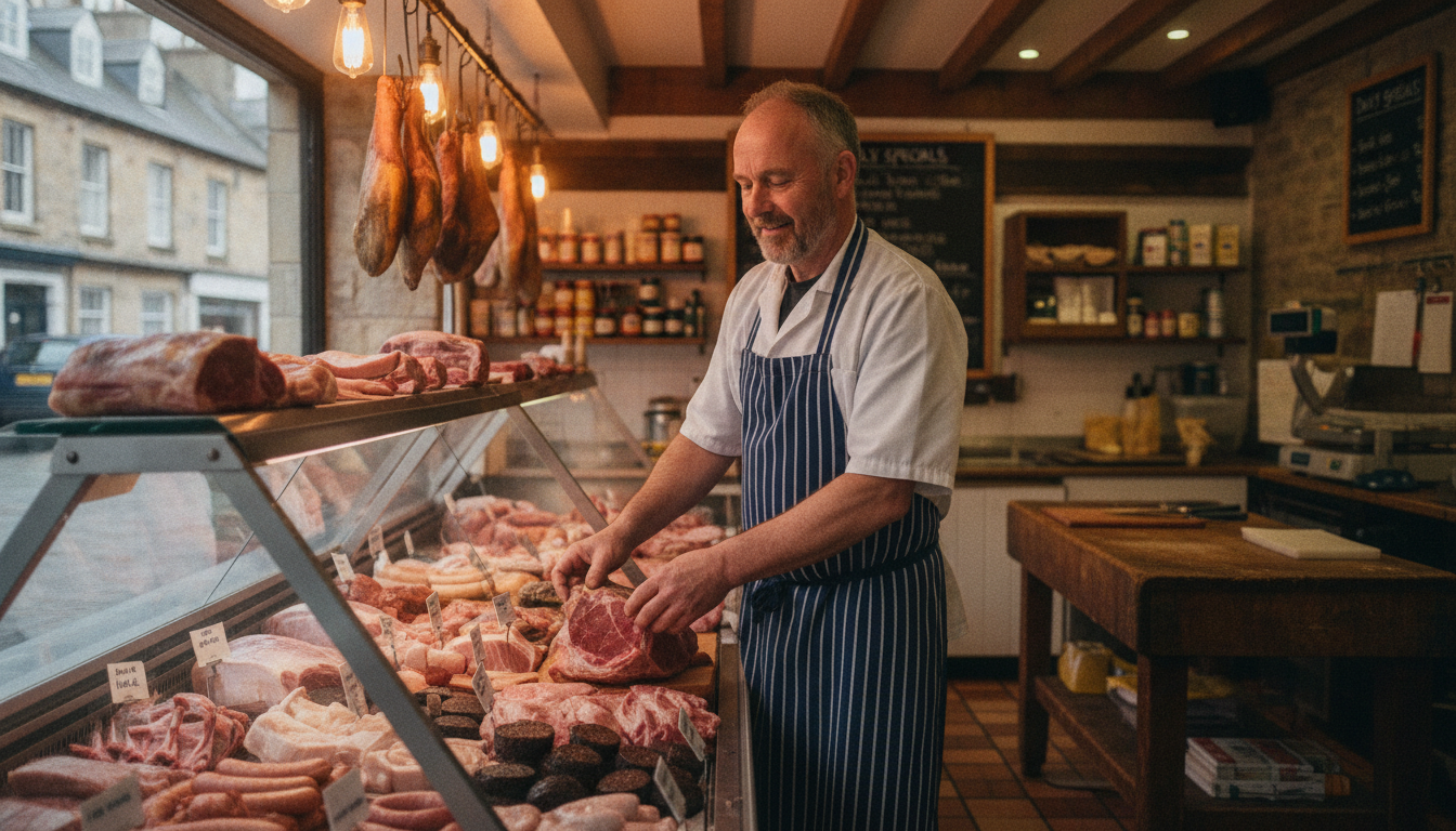 A butcher arranging cuts of meat in his shop display counter