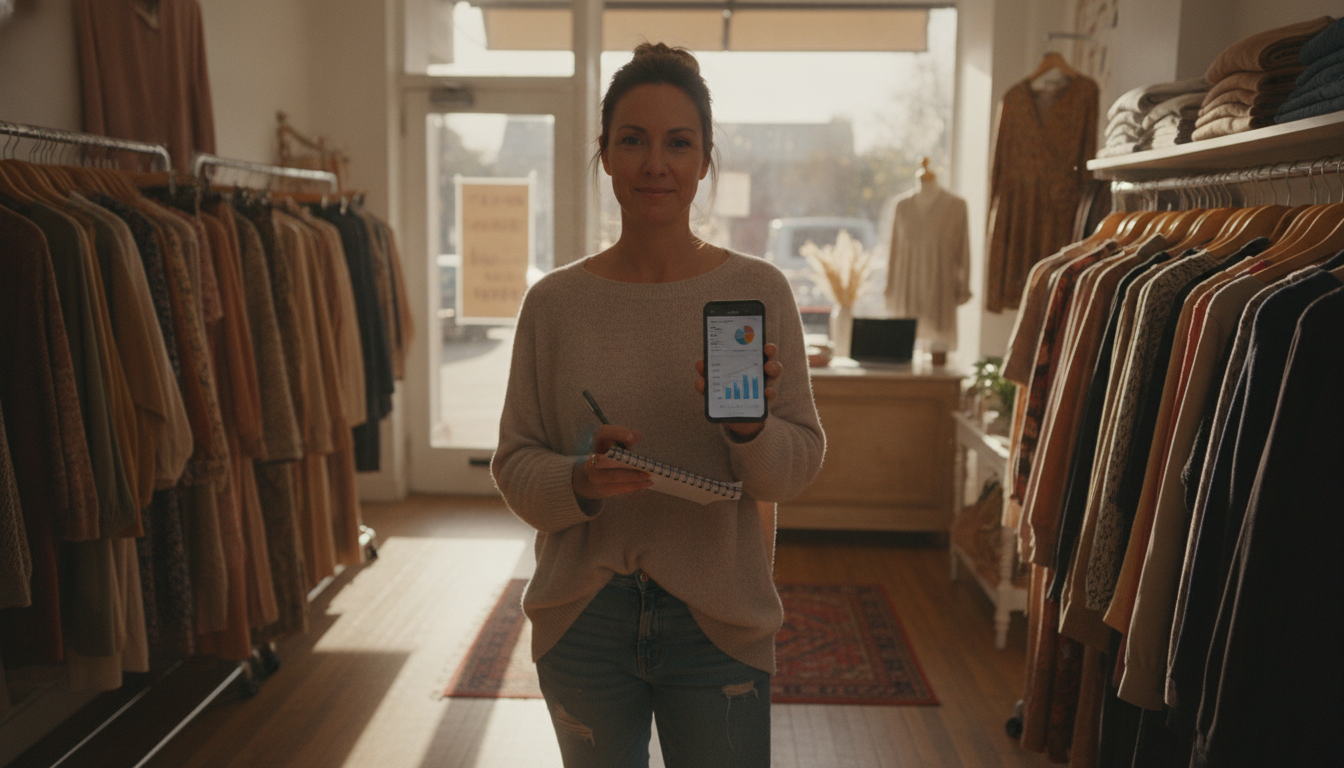 Boutique clothing store owner reviewing sales analytics on her phone among clothing rails