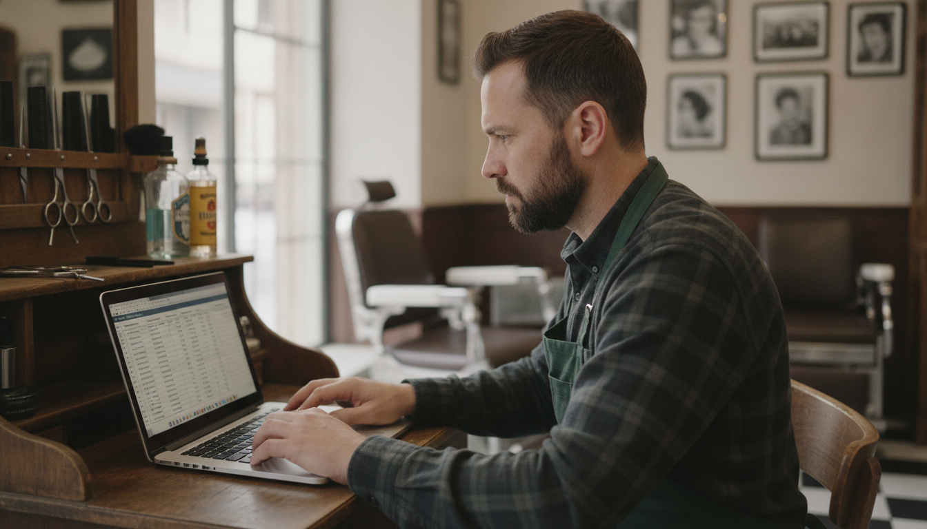 Barbershop owner reviewing customer visit frequency data on a laptop in his shop