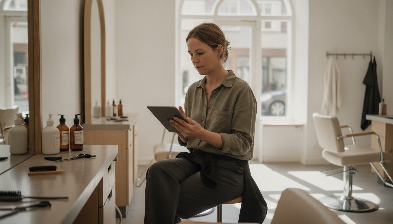 Hair salon owner reviewing customer visit history on tablet between appointments