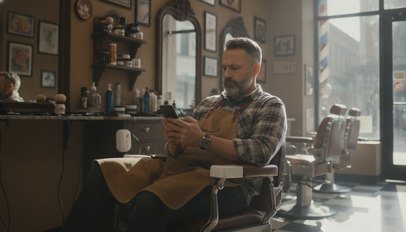 Barbershop owner reviewing customer data during a slow midweek shift