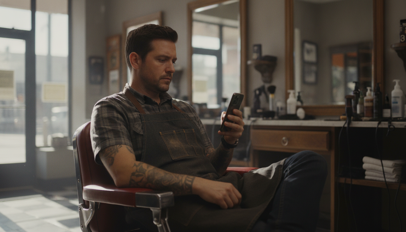 A barbershop owner reviewing his Google Business Profile Q&A section on his phone between client appointments