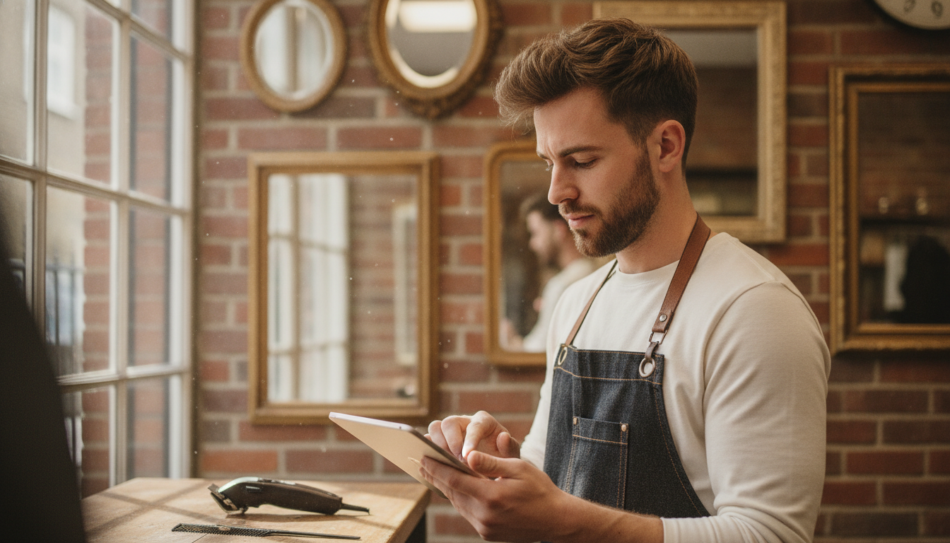 Barbershop owner reviewing customer visit data on a tablet at his station