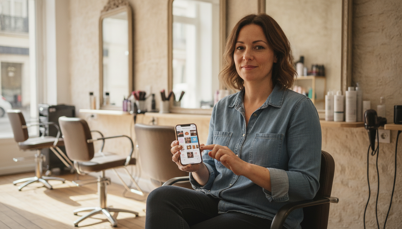 Hair salon owner reviewing her week of pre-scheduled social media posts during a quiet moment at work