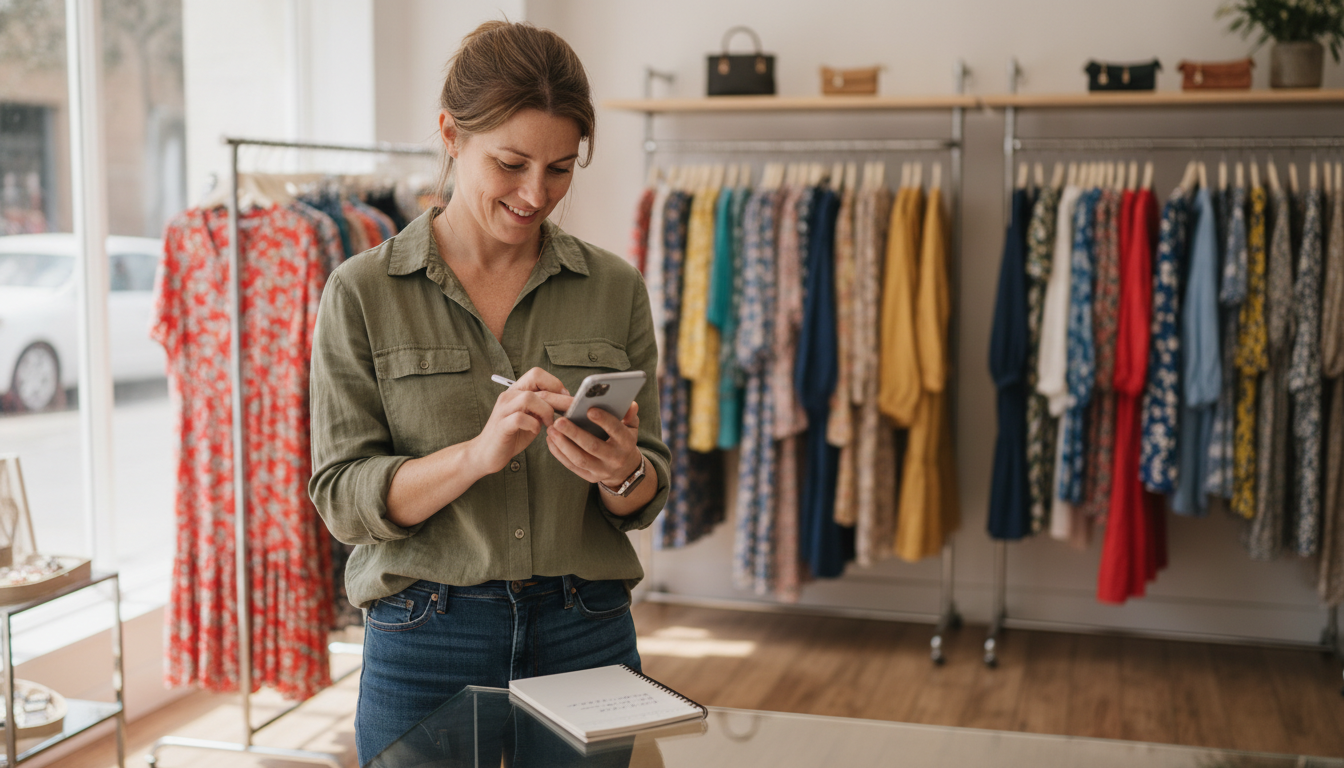 A boutique clothing store owner reviewing her notes near a garment rail