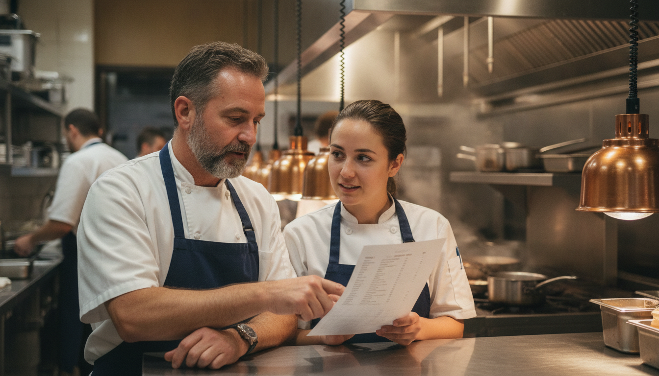 Restaurant owner reviewing menu specials in a working kitchen