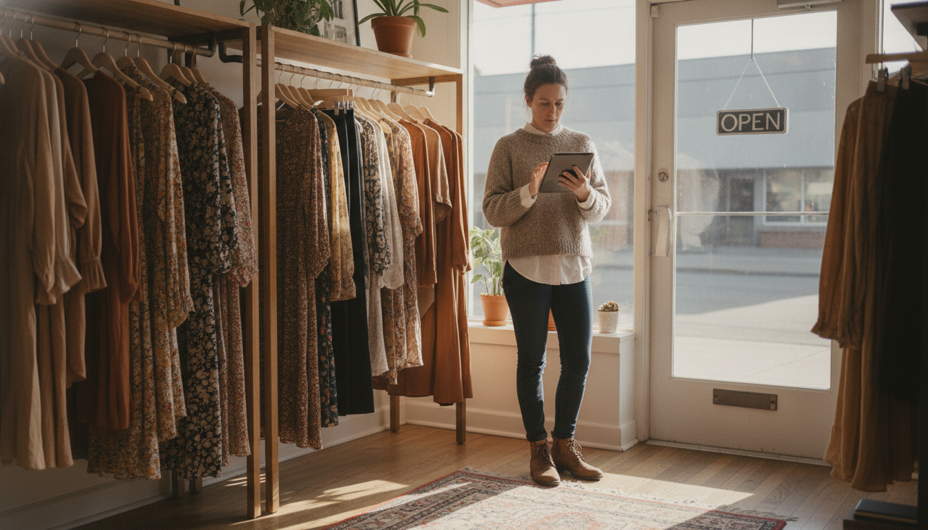 A boutique retail owner reviewing scheduled marketing content during a quieter moment in her shop
