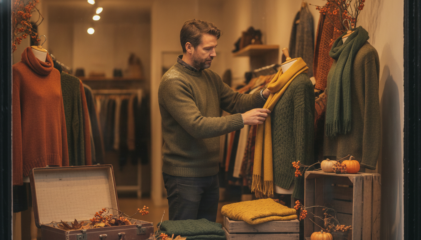 Independent boutique owner preparing a seasonal autumn window display in his small retail shop
