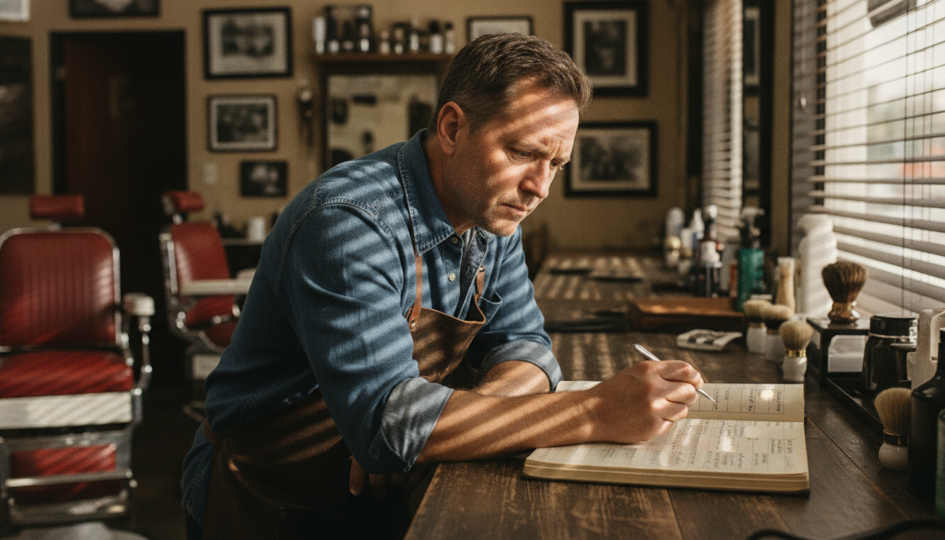 Barbershop owner reviewing his appointment schedule during a quiet midweek morning