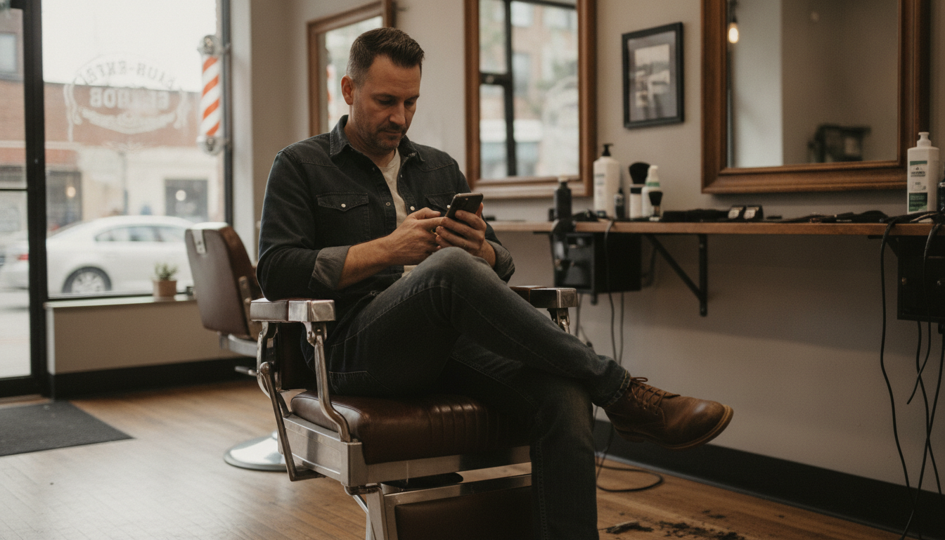 A barbershop owner updating his Google Business Profile on his phone during a quiet moment between clients