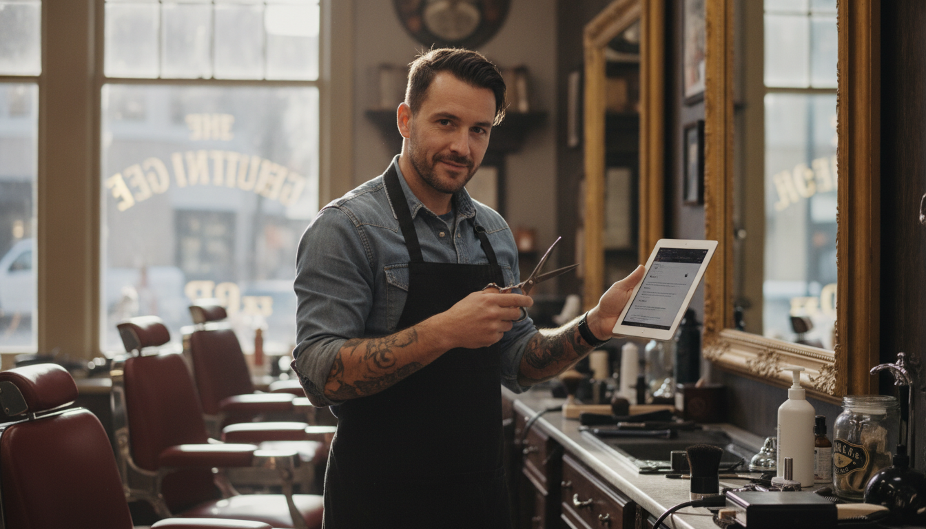 Barbershop owner reviewing social media content on a tablet between appointments
