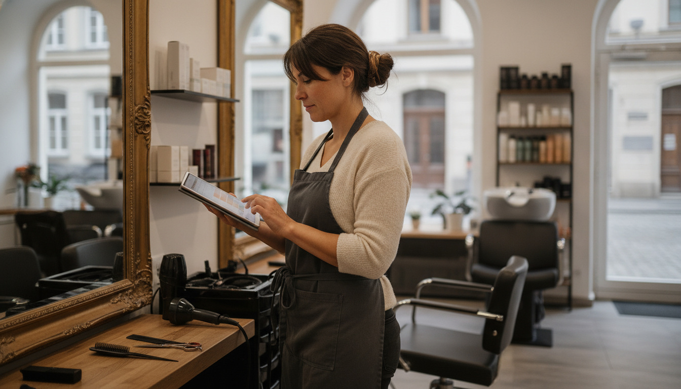 A hair salon owner reviewing her weekly content schedule on a tablet between clients