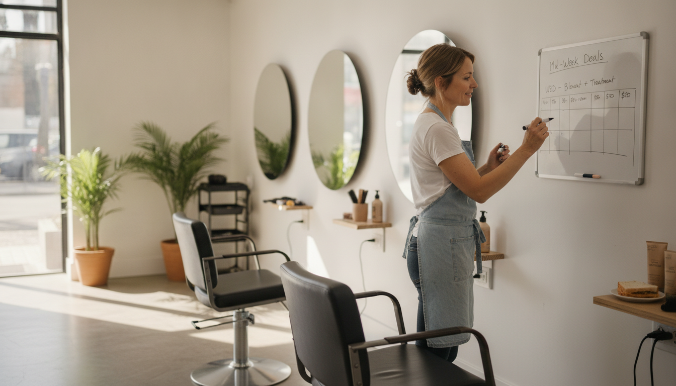 Hair salon owner planning a slow-period promotion on a whiteboard during quiet afternoon hours