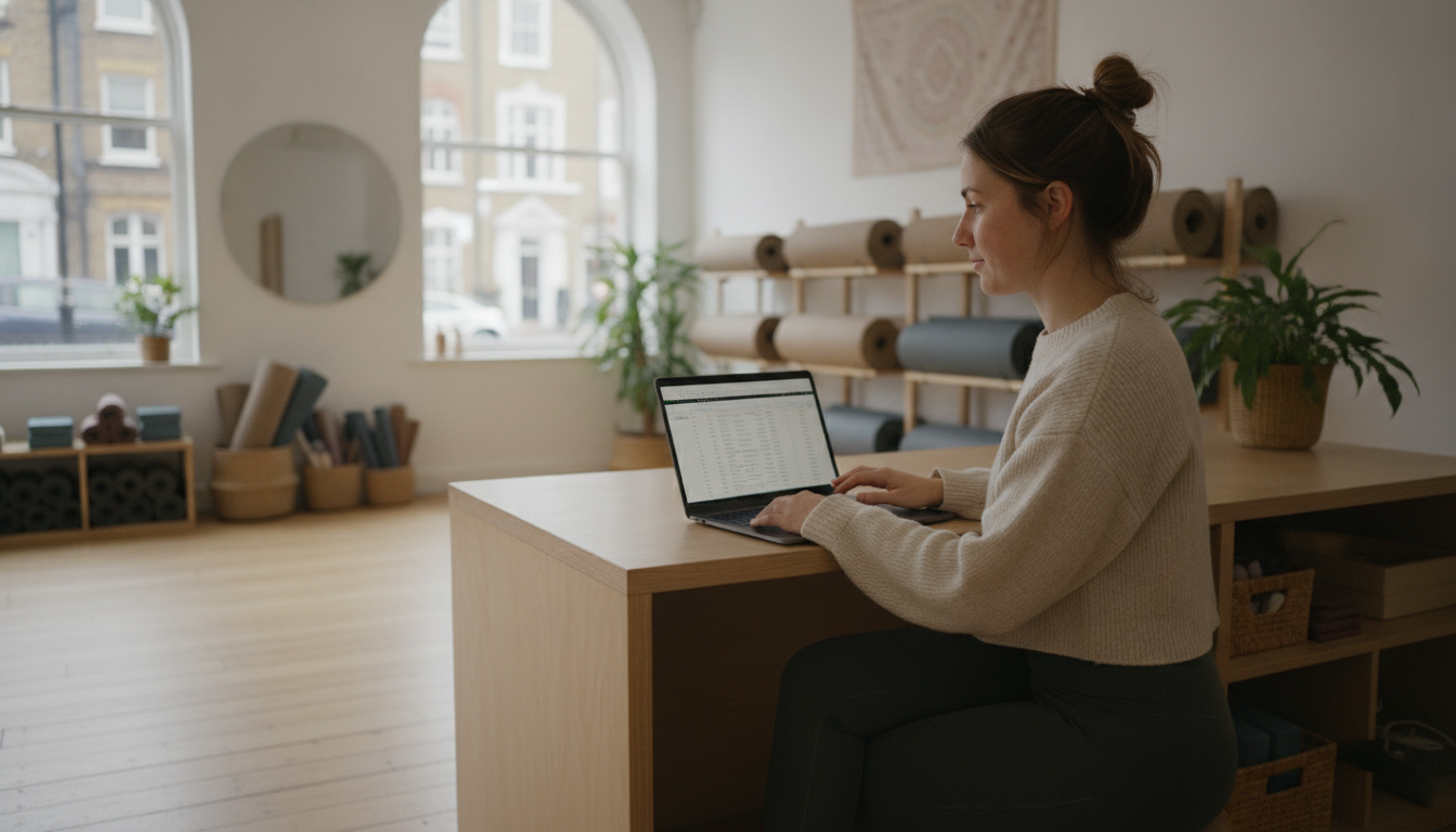 Yoga studio owner analysing customer visit data at her front desk