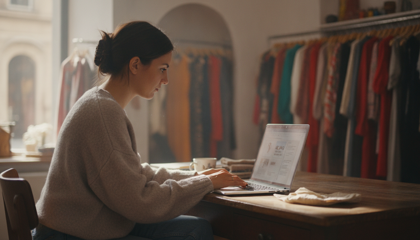 A boutique owner reviewing AI-generated social media captions on her laptop in her shop