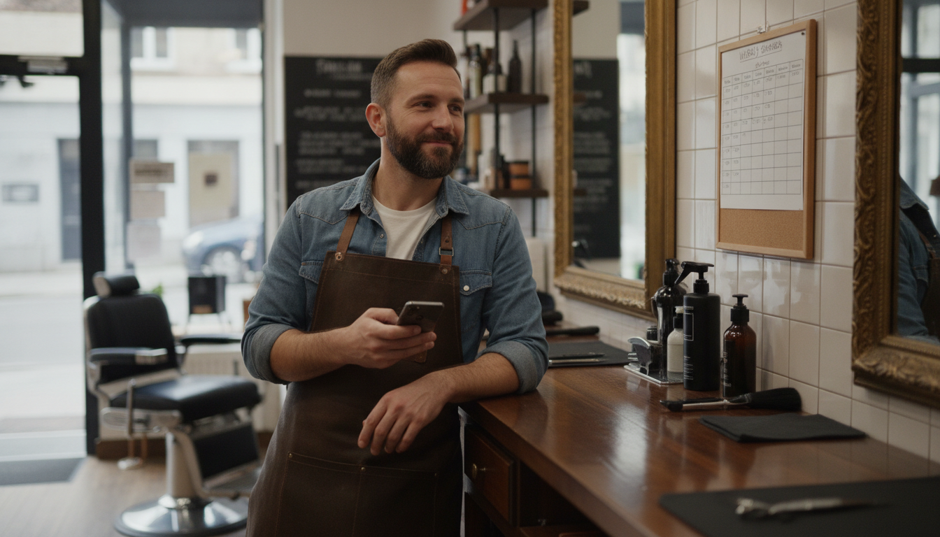 Barbershop owner reviewing his weekly marketing schedule beside the mirror in his shop