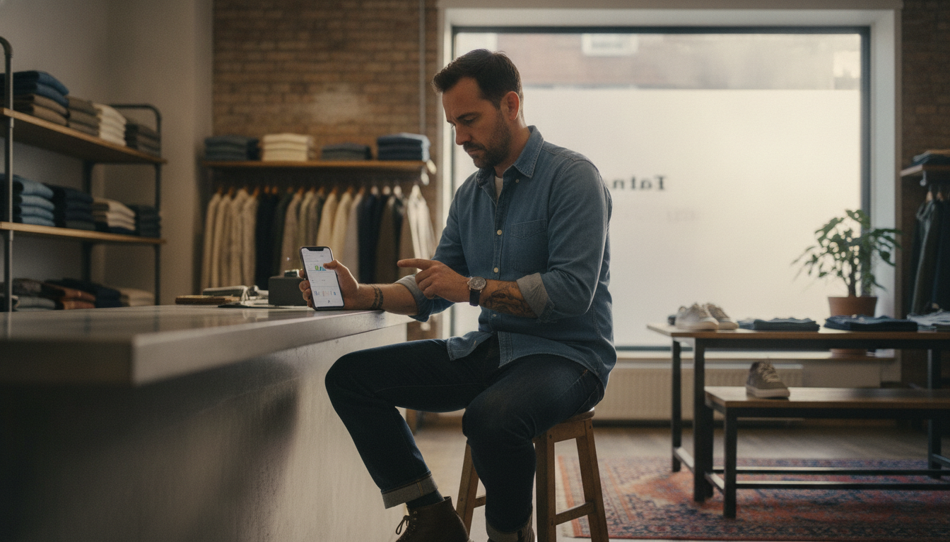 Boutique clothing store owner reviewing weekly POS sales data on his phone before the shop opens
