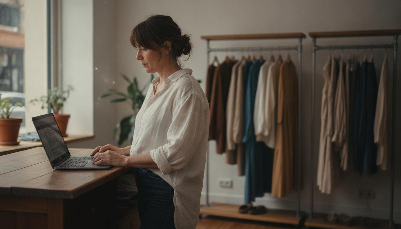 A boutique clothing store owner reviewing her social media content plan on a laptop behind her shop counter