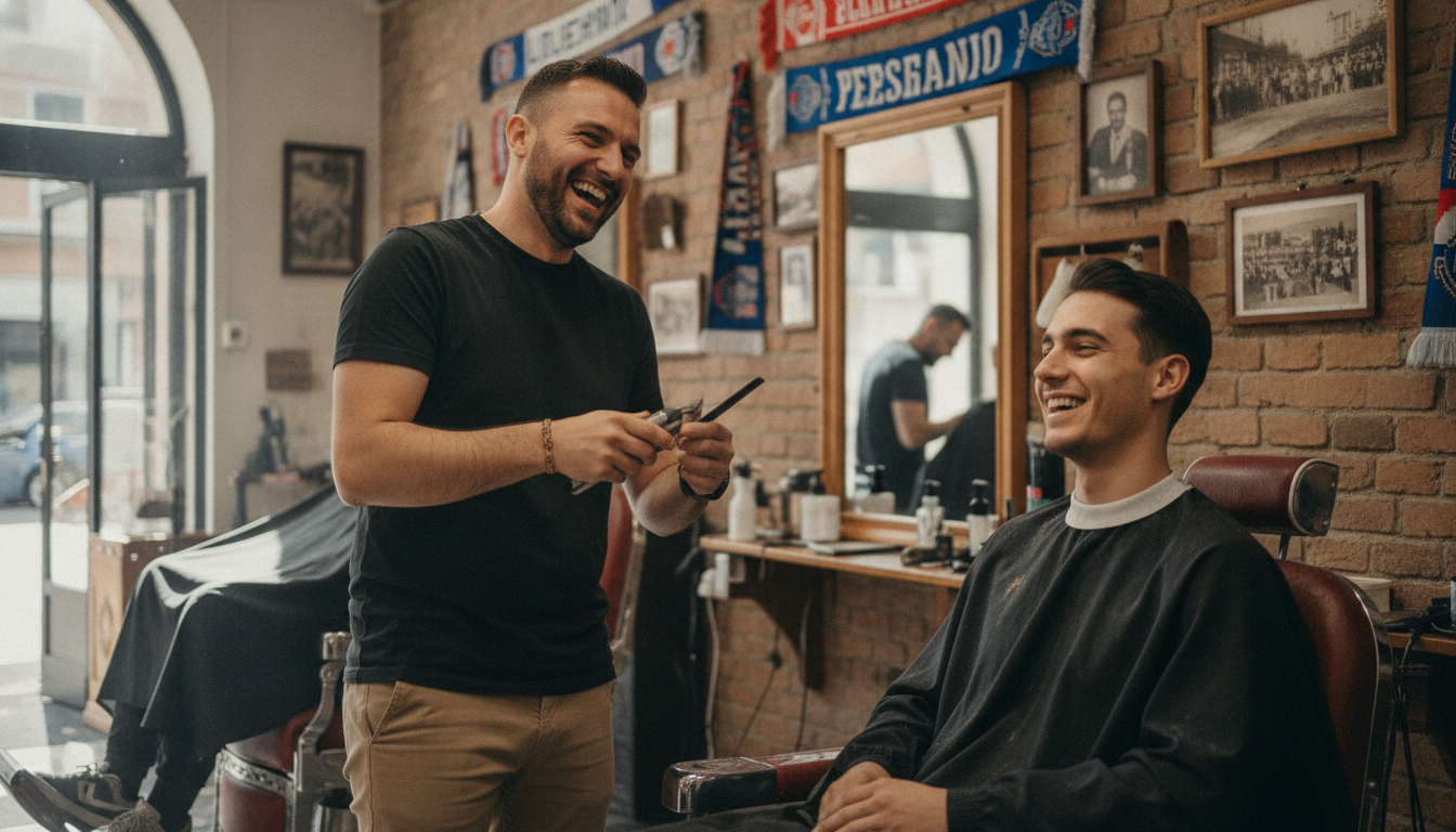 A barber mid-haircut laughing with a customer in a neighbourhood barbershop