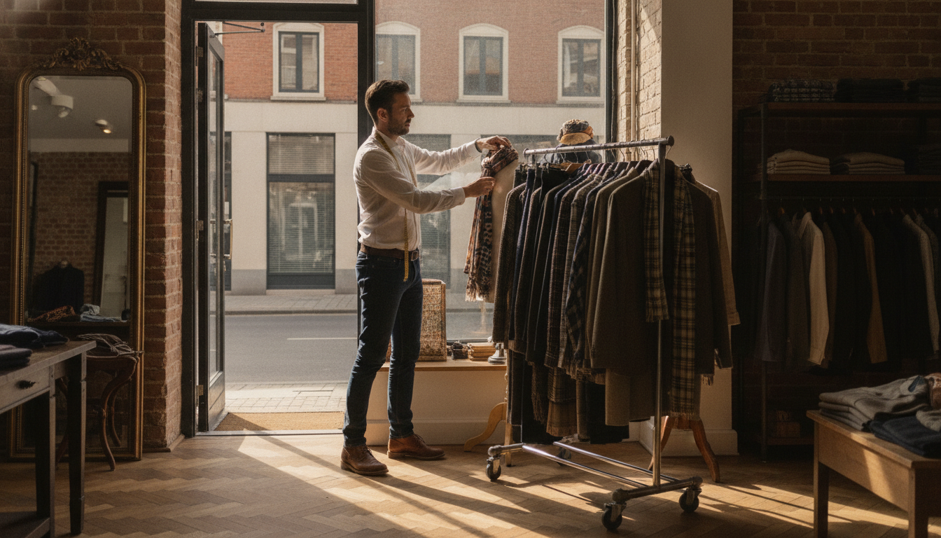 Independent menswear boutique owner arranging a seasonal window display in his shop