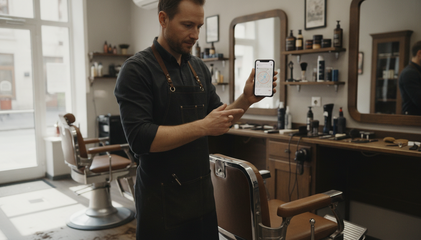 Barbershop owner reviewing Instagram ad geo-targeting radius on his phone in his shop