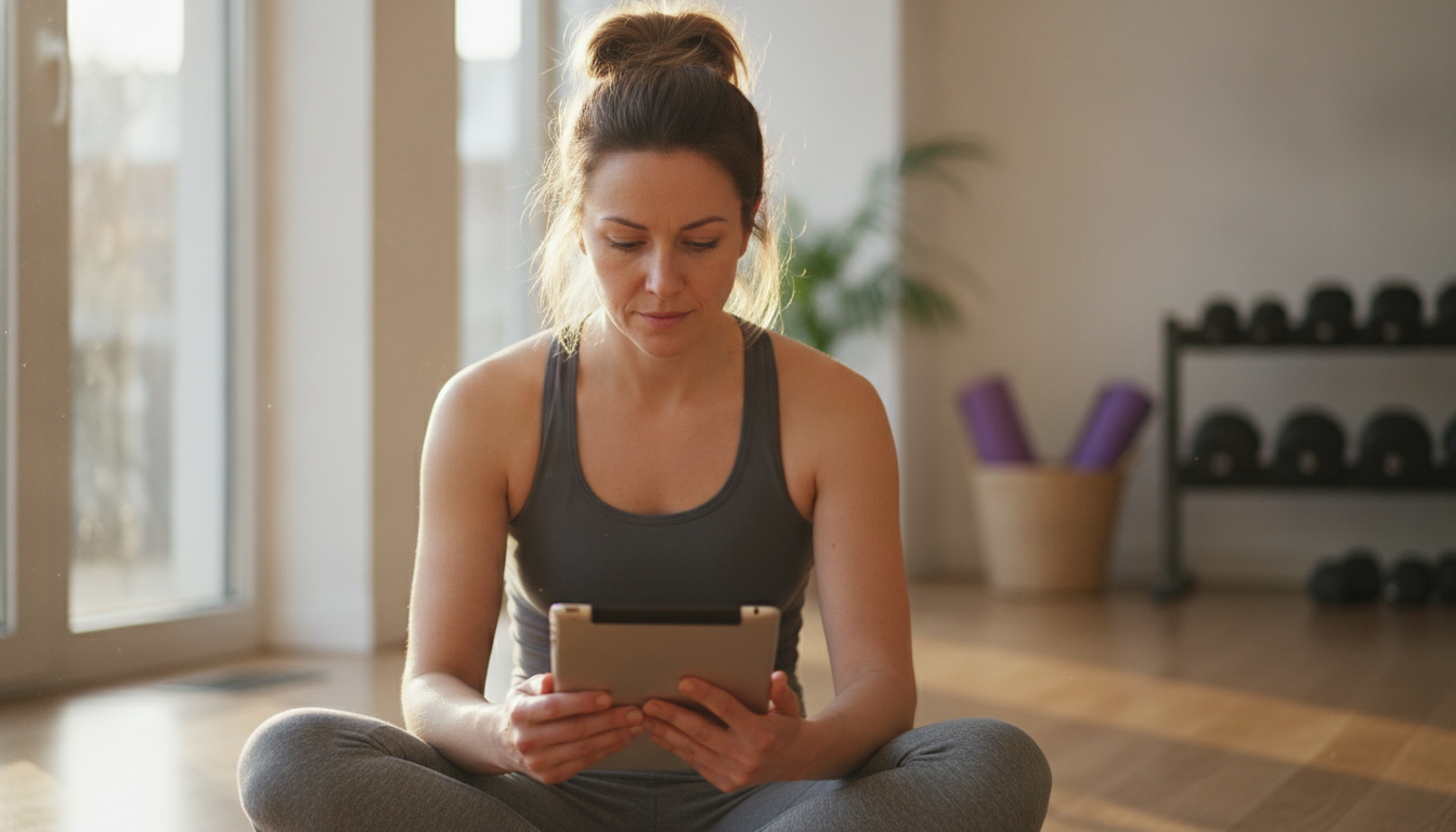 Yoga studio owner reviewing her weekly content plan on a tablet